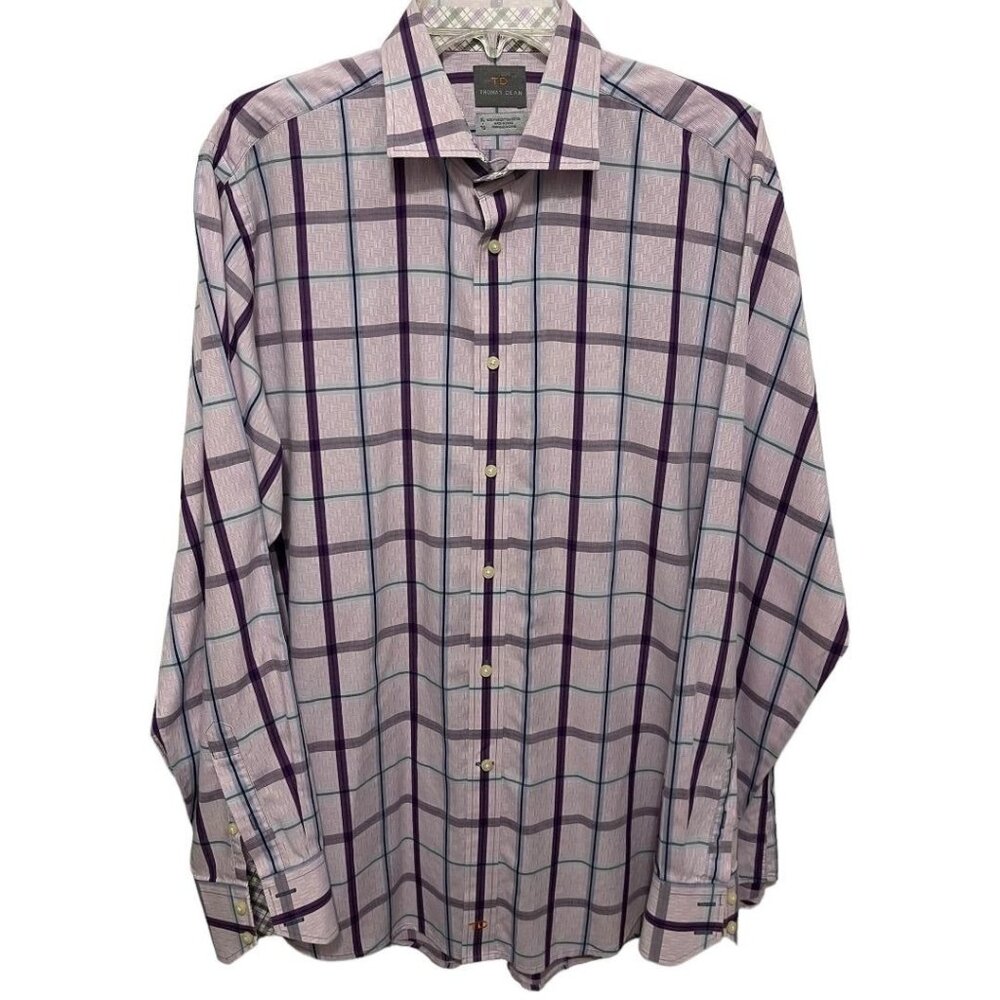 XL Thomas Dean 100% Pima Cotton Mens Plaid Dress Shirt Purple Long Sleeve
